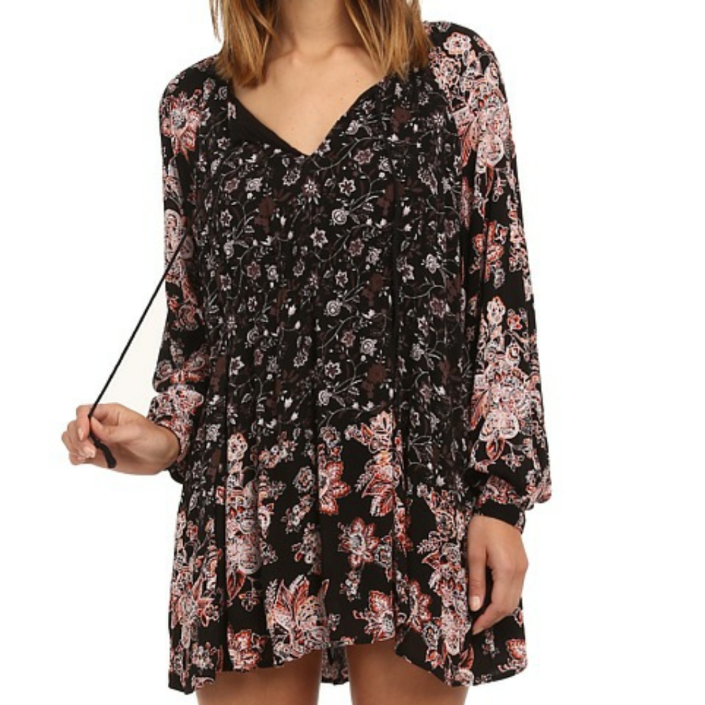 Free People Lucky Loosey Floral Boho Swing Long Sleeve Mini Dress